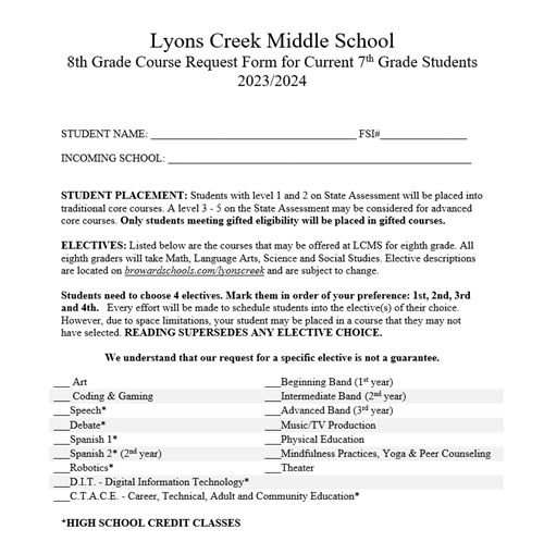 8th Grade Course Request Form